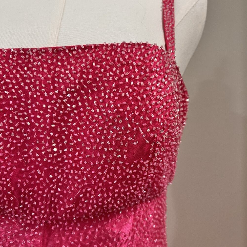 90s Y2k Caché Dress (6) Ethereal Fairy Beaded Hot Pink Barbie Sheer Prom Glam - Picture 6 of 10
